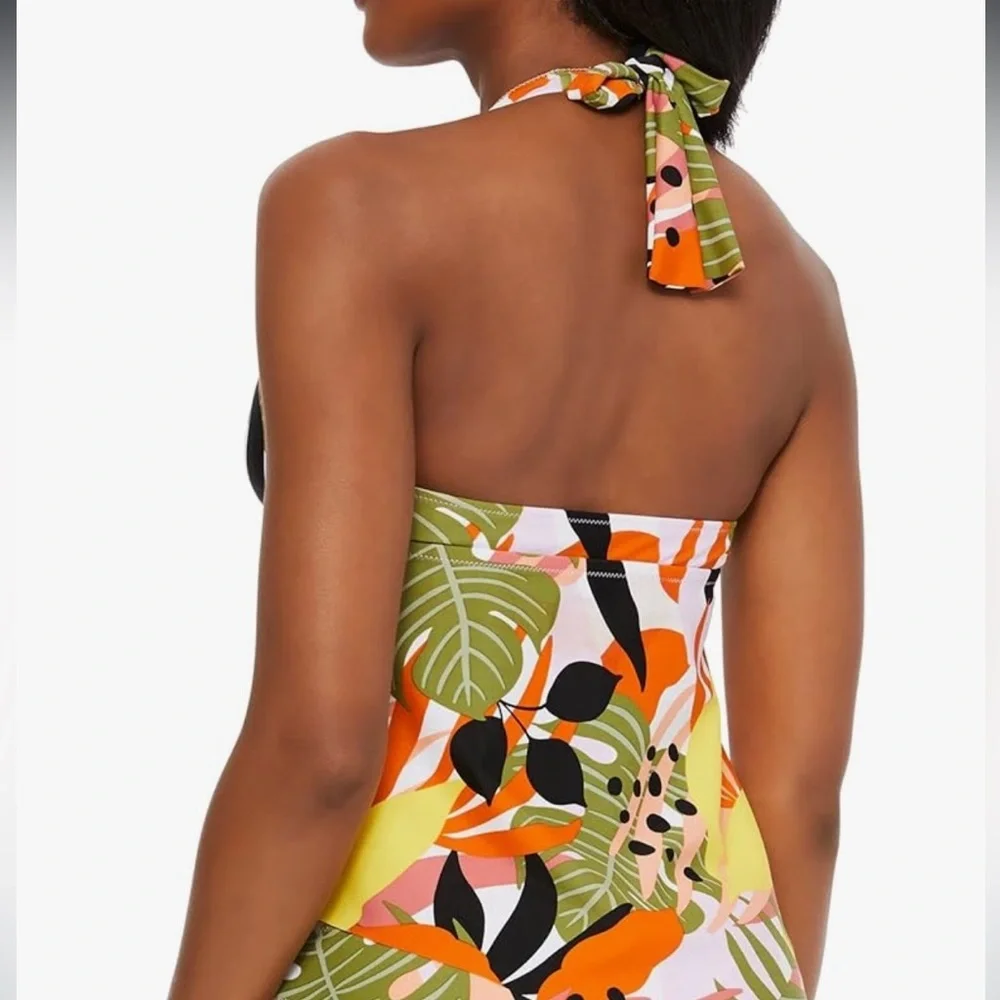 Bar III Women's Ring Tie Halter Tankini Swimsuit green orange‎ Top S NWOT